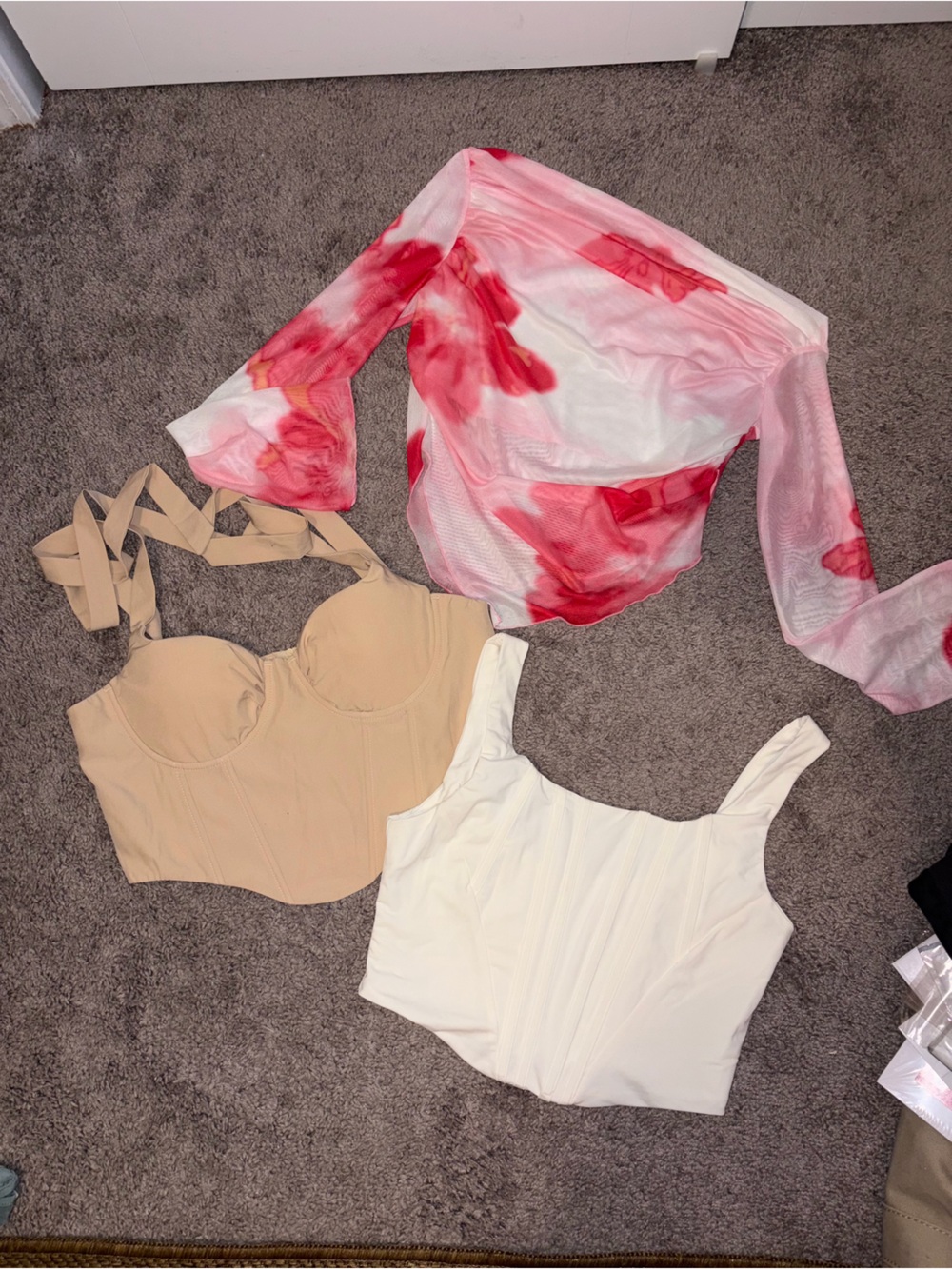 Women’s White Ribbed Crop Top and Nude Bustier Set with Red Tie-Dye Mesh Wrap